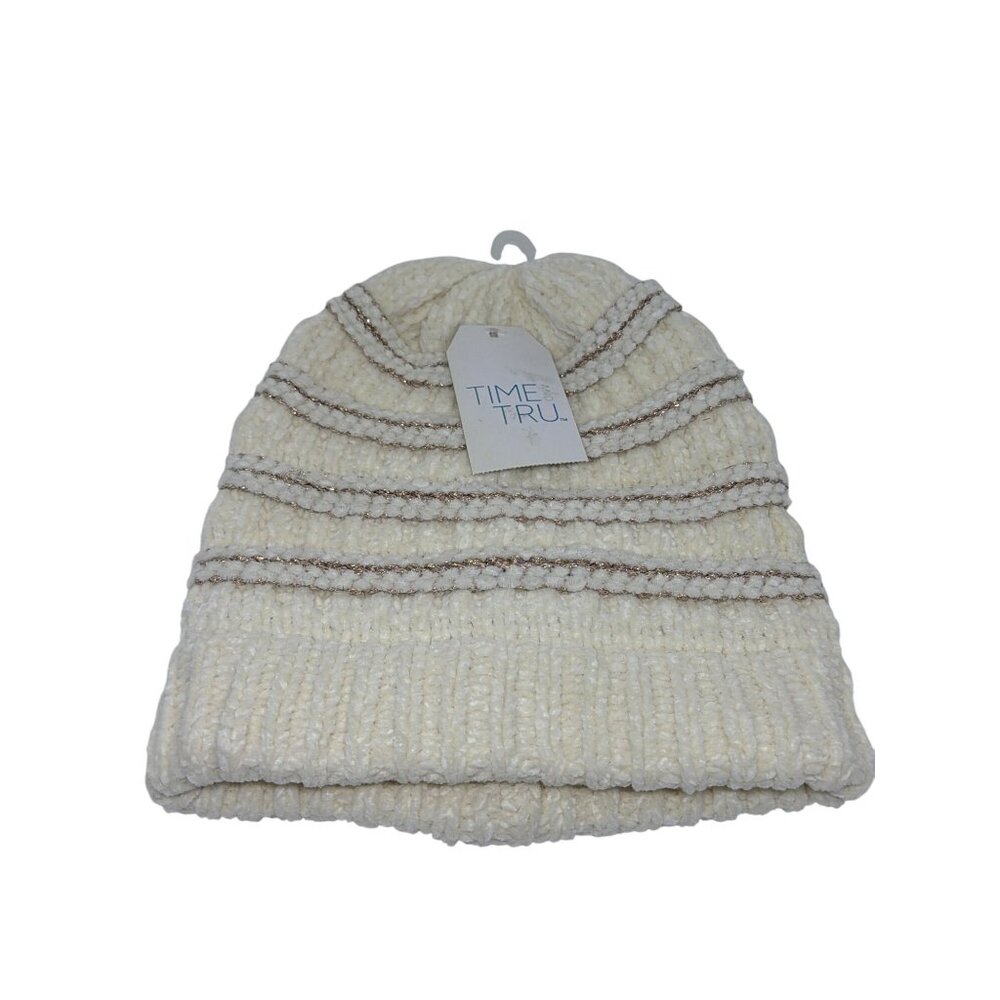 NWT Time and Tru Cream Beanie Hat One Size‎ Metallic Stripe Knit Cozy Winter Cap